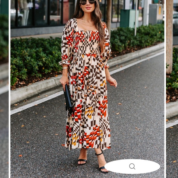 Fate Printed Pocketed Smocked Midi Dress Brown Multi Puffy Sleeves Square Neck M - Picture 5 of 16